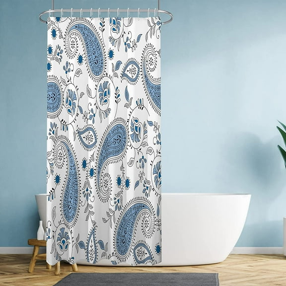 Stall Fabric Shower Curtain 36Wx72H, Blue Floral Shower Curtain Set, Wild Flower Botanical Print Shower Curtain, White Blue Shower Curtain for Bathroom Decor with Hooks