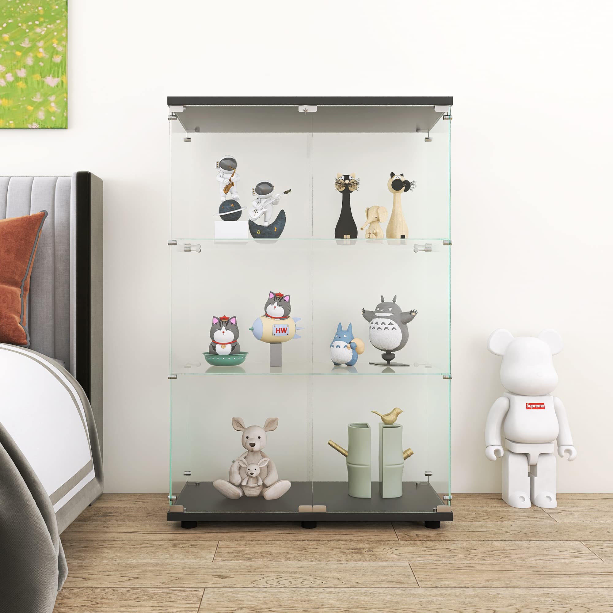MAYEERTY Glass Display Cabinet 3 Shelves with Two-Door, Floor Standing Glass Bookshelf, 49.3"×31.7"×14.3",Black