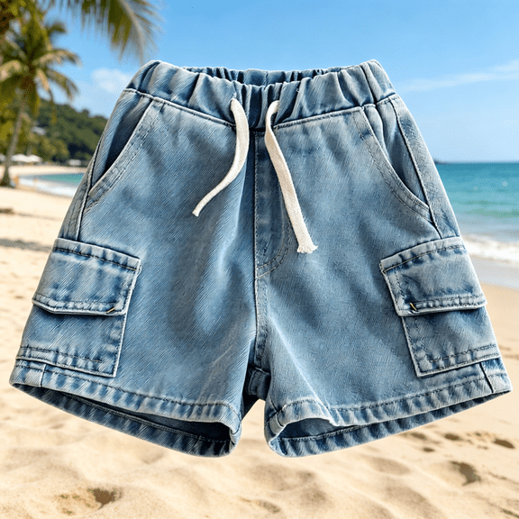 Boys Cargo Denim Shorts Elastic Waist with Drawstring Light Wash Blue Play Shorts Durable Stretch Comfort 2-12 Years,Size 2-3 T