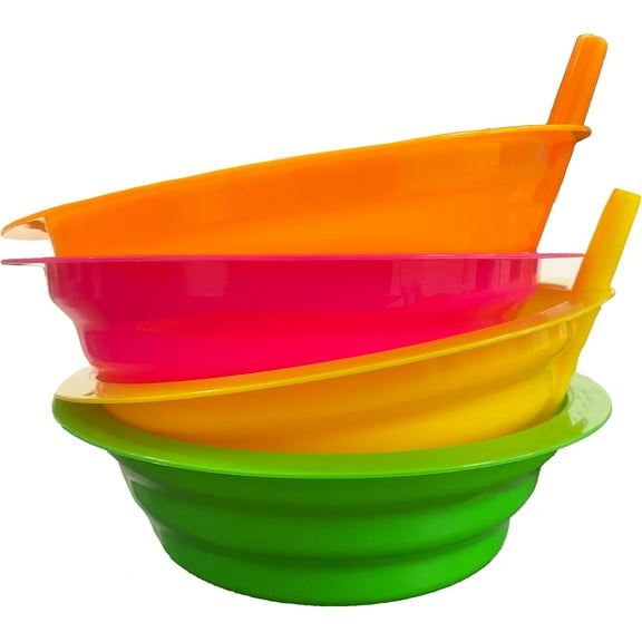 Cibi Cereal Bowls with Straws for Kids BPA-Free Plastic | Toddler Sip-A-Bowls with Built-In Straw for Cereal and Soup | Set of 4 Neon Colorful Breakfast Bowls
