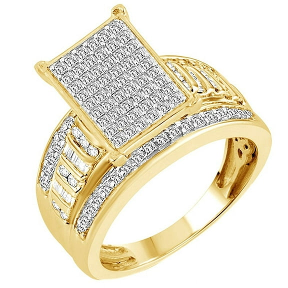 AFFY Princess & Round Cut White Natural Diamond Rectangle Cluster Engagement Ring in 10k Yellow Gold (1 cttw)