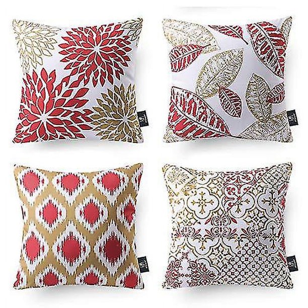 Juego de 4 fundas de cojín decorativas amarillas y rojas de la nueva serie Living, funda de cojín de 18 x 18 pulgadas, 45 x 45 cm (hy)