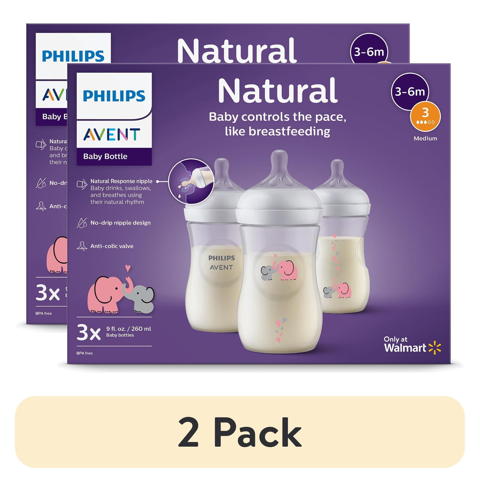 (2 pack) Philips Avent Natural Baby Bottle with Natural Response Nipple (Medium Flow, Flow 3), with Pink Elephant Design, 9oz, 3pk, SCY903/62