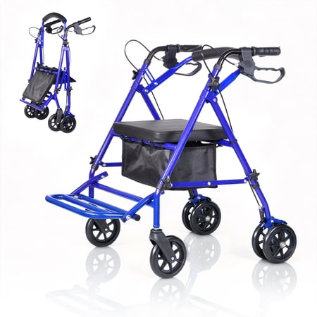 Foldable Rollator Walkers with Seat for Seniors, 8'' Big Wheels, 300 lb. Weight Capacity, Adjustable Handles and Seat Height, Lightweight Rolling Walker