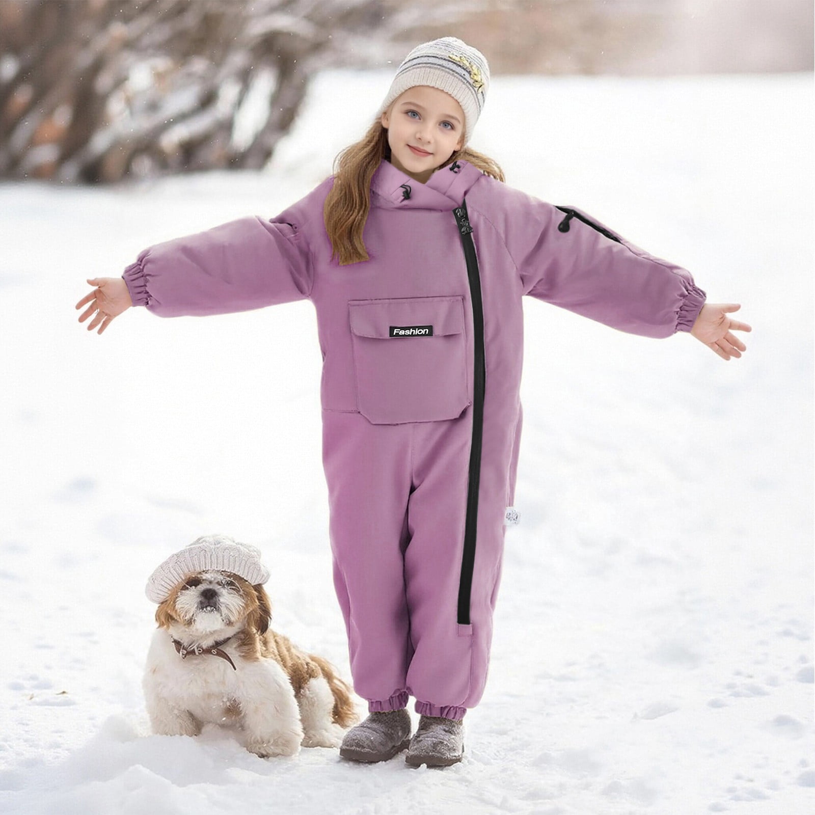 KAUOD Boys Girls One Piece Snowsuits Fleece-Lined Hooded Insulated Ski Jumpsuits Front Pockets Side Zipper Snowboard Suits
