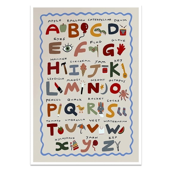 Illustrated Alphabet Poster for Kids - First ABCs Learning Chart, Colorful Educational Wall Art for Toddler Room & Preschool Decor