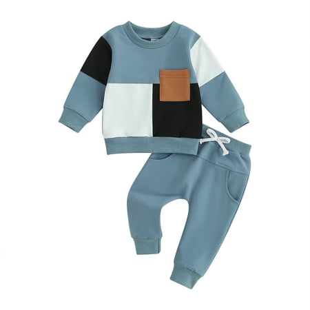 

Baby Boy 2 Piece Outfits Contrast Color Long Sleeve Sweatshirt and Elastic Pants for Toddler Fall Tracksuit