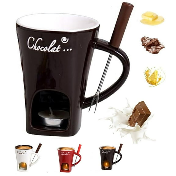 Meltie Chocolate Fondue Cup, Sweet Chocolate/Ceramic Fondue Mug with Fork & 4 Candle, Multifunction Mini Chocolate Melting Mug for Date Night and More, Ideal Gifts for Birthday, Wedding(Black)