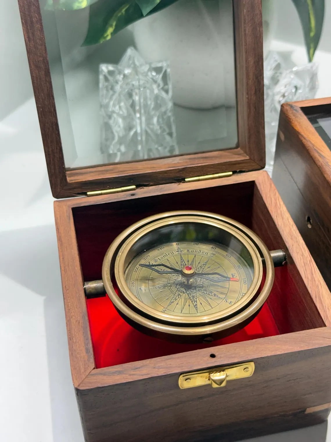 Personalized Brass Gimbal Compass with Wooden Box, 3 Inch Nautical Compass Gift for Him, Anniversary Gift, Maritime Decor, Birthday gift