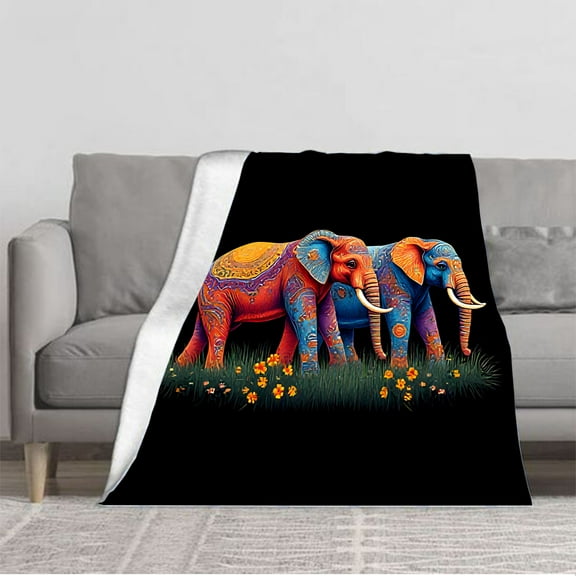 Vibrant Elephant Pattern Flannel Blanket - Soft Cozy and Warm for Sofa Travel Bed & Chair - Perfect for Adding Colorful Elegance to Your Home
