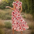 thumbnail image 3 of ITSAME Women's Midi Dress, Floral Prints V Neck Ruffles Sleeve Flowy Tiered Smocked Beach Dresses Red L, 3 of 4
