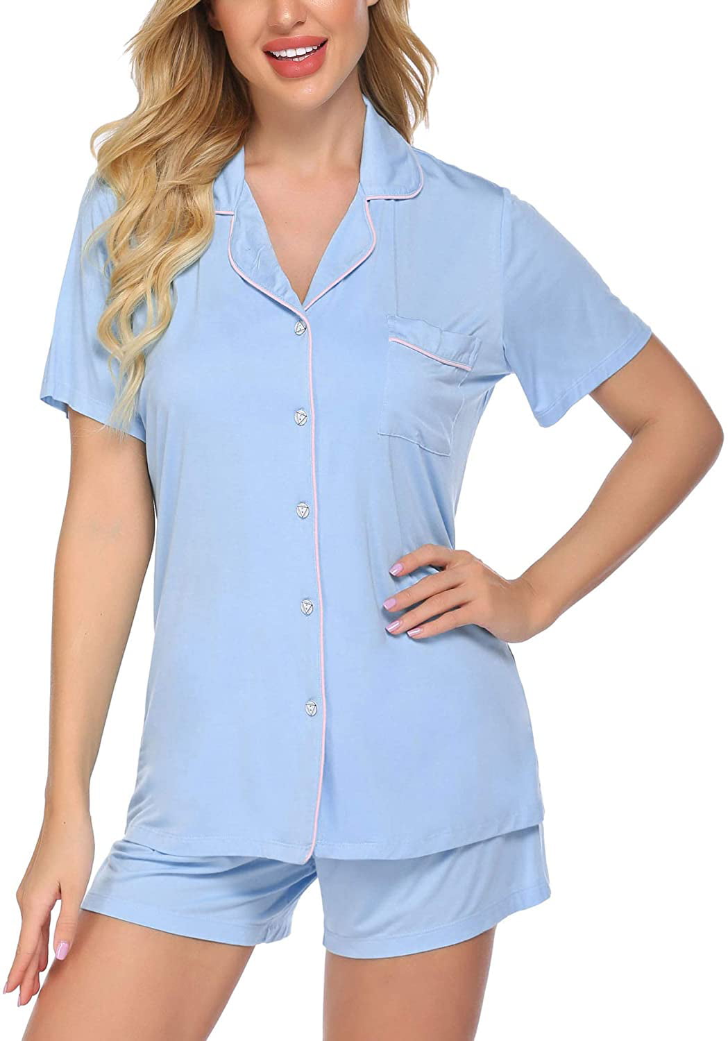 Ekouaer Pajamas Set Long Sleeve Sleepwear Womens Button Down Nightwear Soft Pj Lounge Sets XS-XXL 