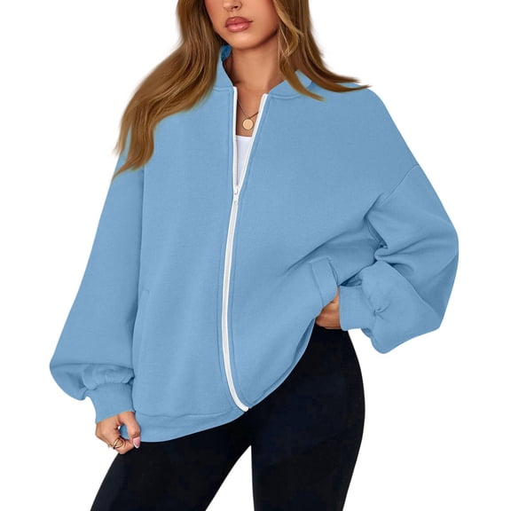 Resicozy Zip Up Jacket for Women No Hood Casual Spring Fall Lightweight Oversized Jacket Hoodless Sweat Jacket with Pockets Light Blue XL