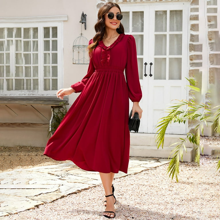 sachin and babi light blue dress Yesfashion Women's Ruffle Trim V Neck Long Sleeve Solid Bohemian Casual  High Waist Pleated Maxi Party Dress