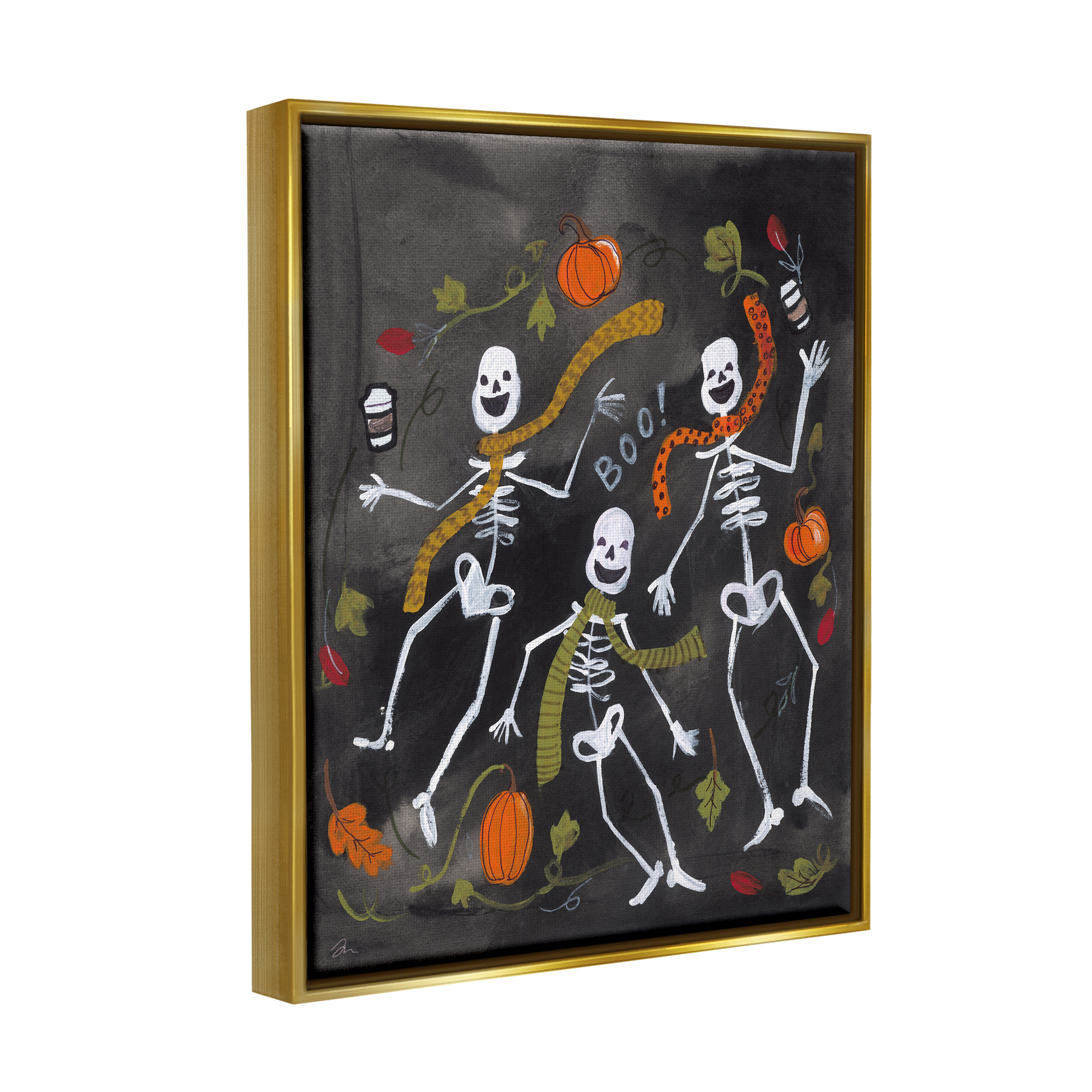 Stupell Industries Autumn Skeletons with Coffee Holiday Painting Gold Floater Framed Art Print Wall Art, 25 x 31