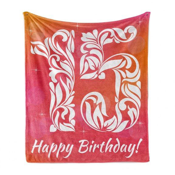 15th Birthday Soft Flannel Fleece Throw Blanket, Teen Girls Themed Floral Number Design with Hearts and Stars Print, Cozy Plush for Indoor and Outdoor Use, 70" x 90", Pink Orange White, by Ambesonne