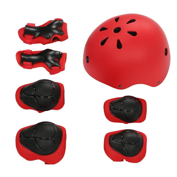 Juego de 7 piezas de casco de seguridad para niños, rodilleras, coderas y equipo de protección transpirable para montar y patinar, color rojo