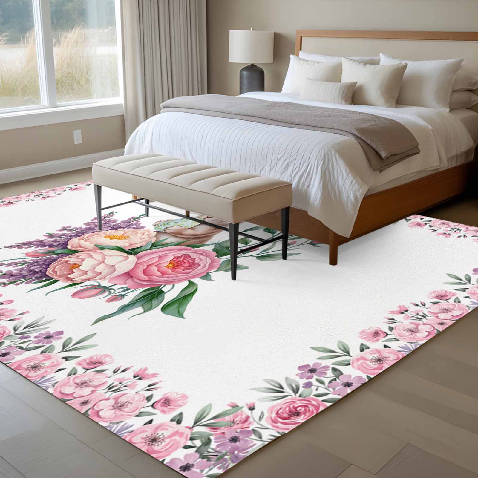 Easter Bunny Roses Area Rugs 8'x10', Washable Small Throw Rugs for Living Room Patio, Pink Floral Spring Botanical Indoor Outdoor Rug Non-Slip Low Pile Carpet Runner Reversible Floor Mats