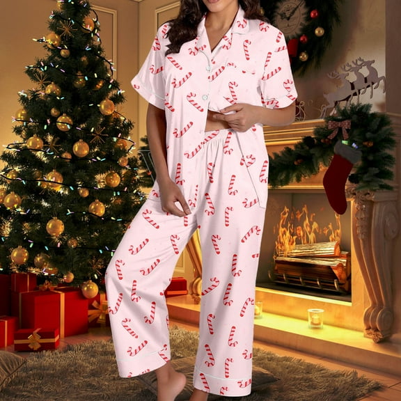 Womens Christmas Pajamas Set Two Piece Outfits Satin Short Sleeve Button Down Shirts Casual Pants Comfortable Loungewear Sleepwear Nightwear Pink S
