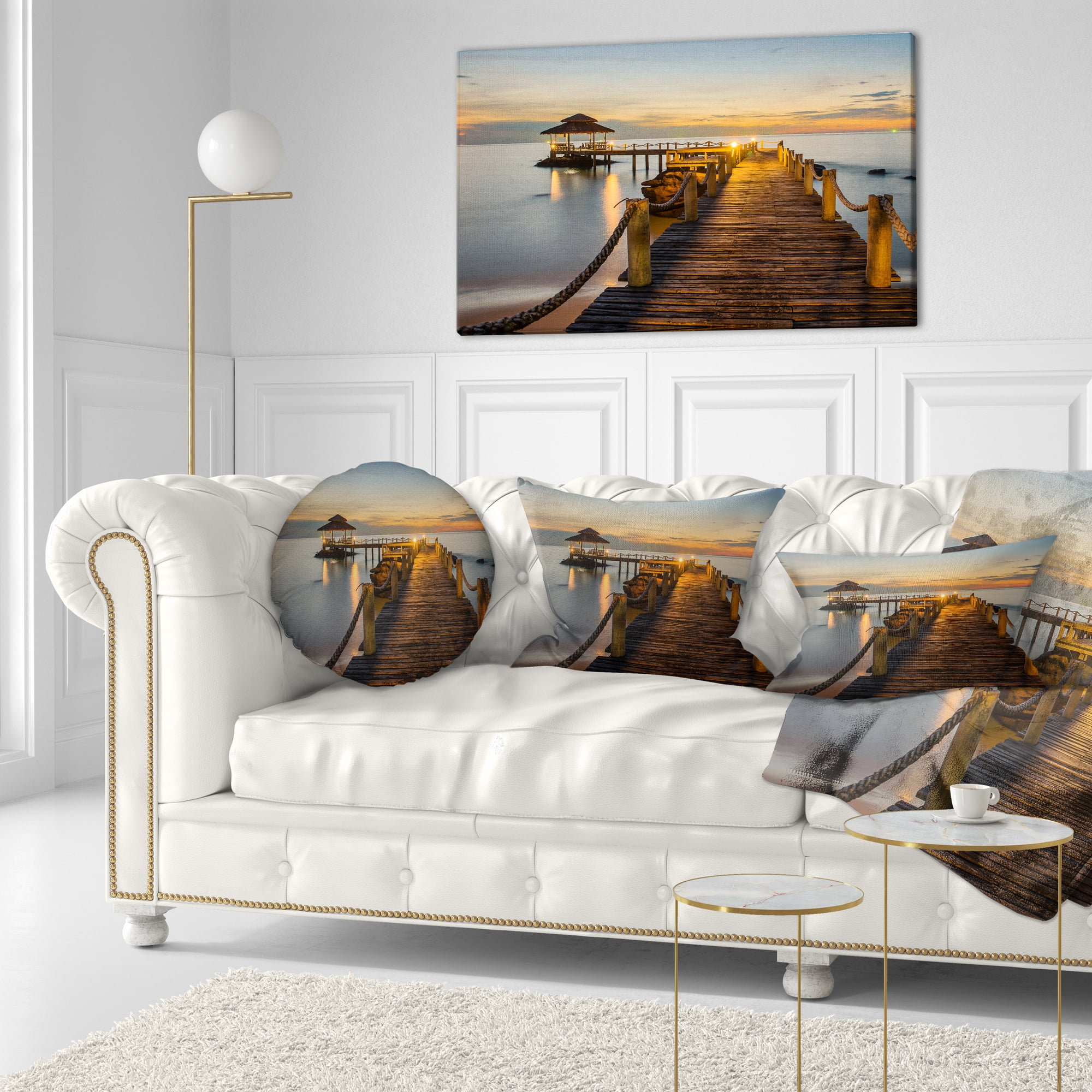Designart Brown Wooden Pier in Evening - Seashore Photo Throw Pillow - 12x20