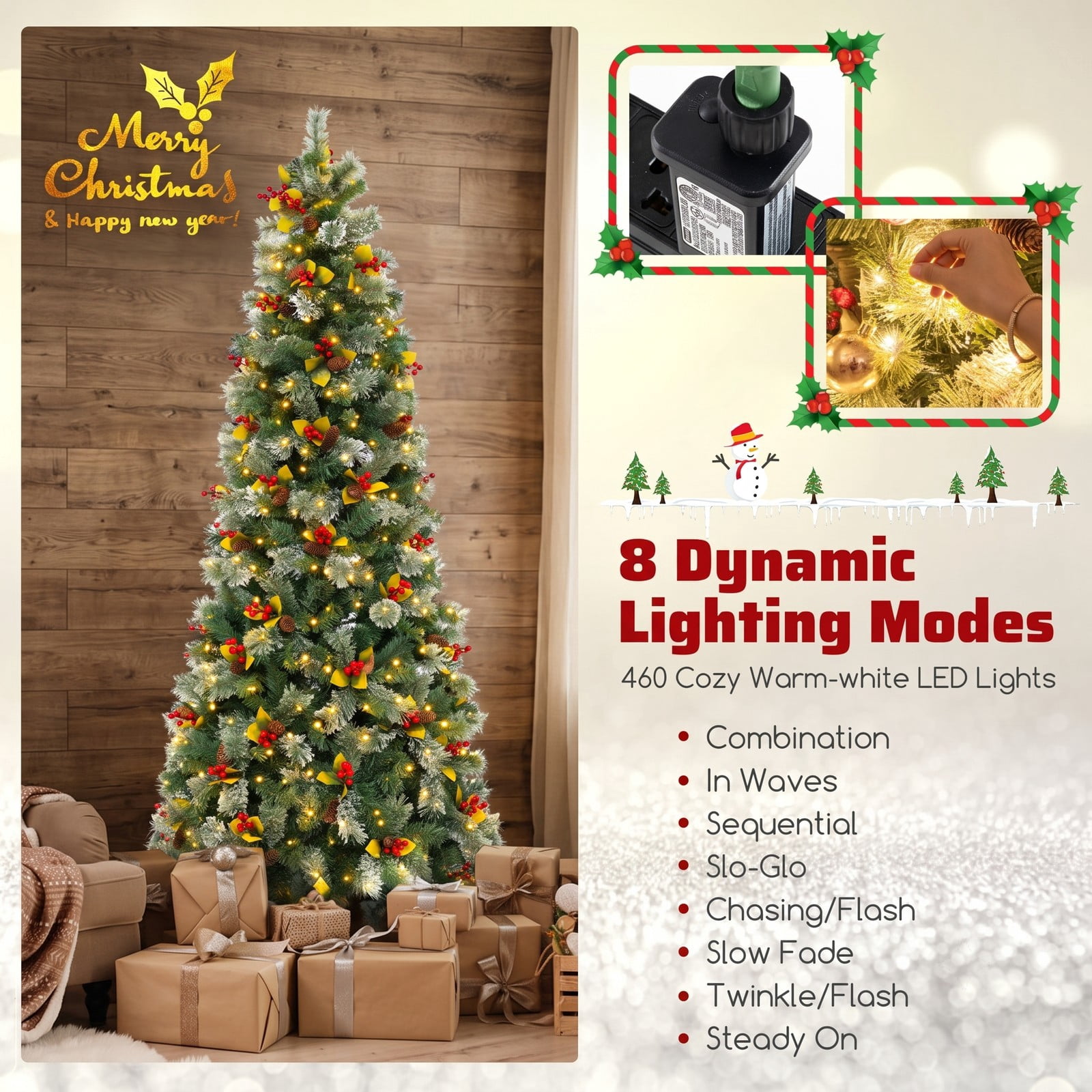 RUIE 7.5 FT Pre-Lit Artificial Christmas Tree with 1096 Branch Tips, 460 Warm White LED Lights, 8 Lighting Modes and Foldable Metal Stand for Indoor Holiday, Green