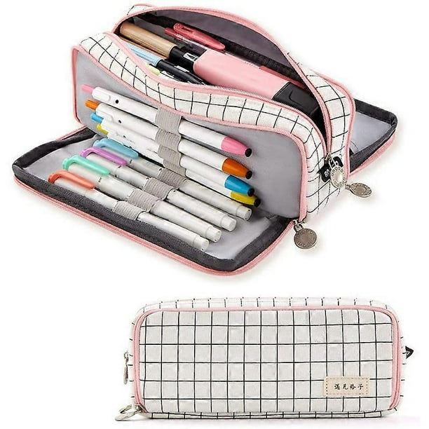 Estuche para lápices de gran capacidad con 3 compartimentos, estuche de lona para lápices para estudiantes de escuela de niñas, A