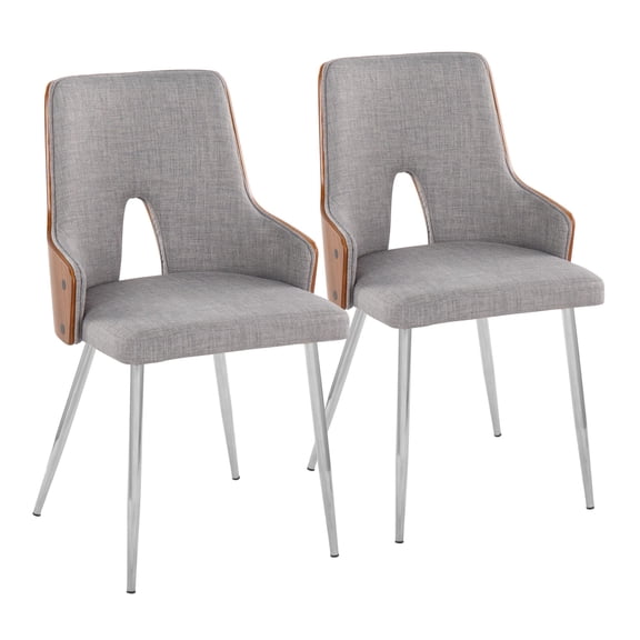 Stella Contemporary Accent/Dining Chair in Chrome Metal, Walnut Wood and Light Grey Fabric by LumiSource - Set of 2