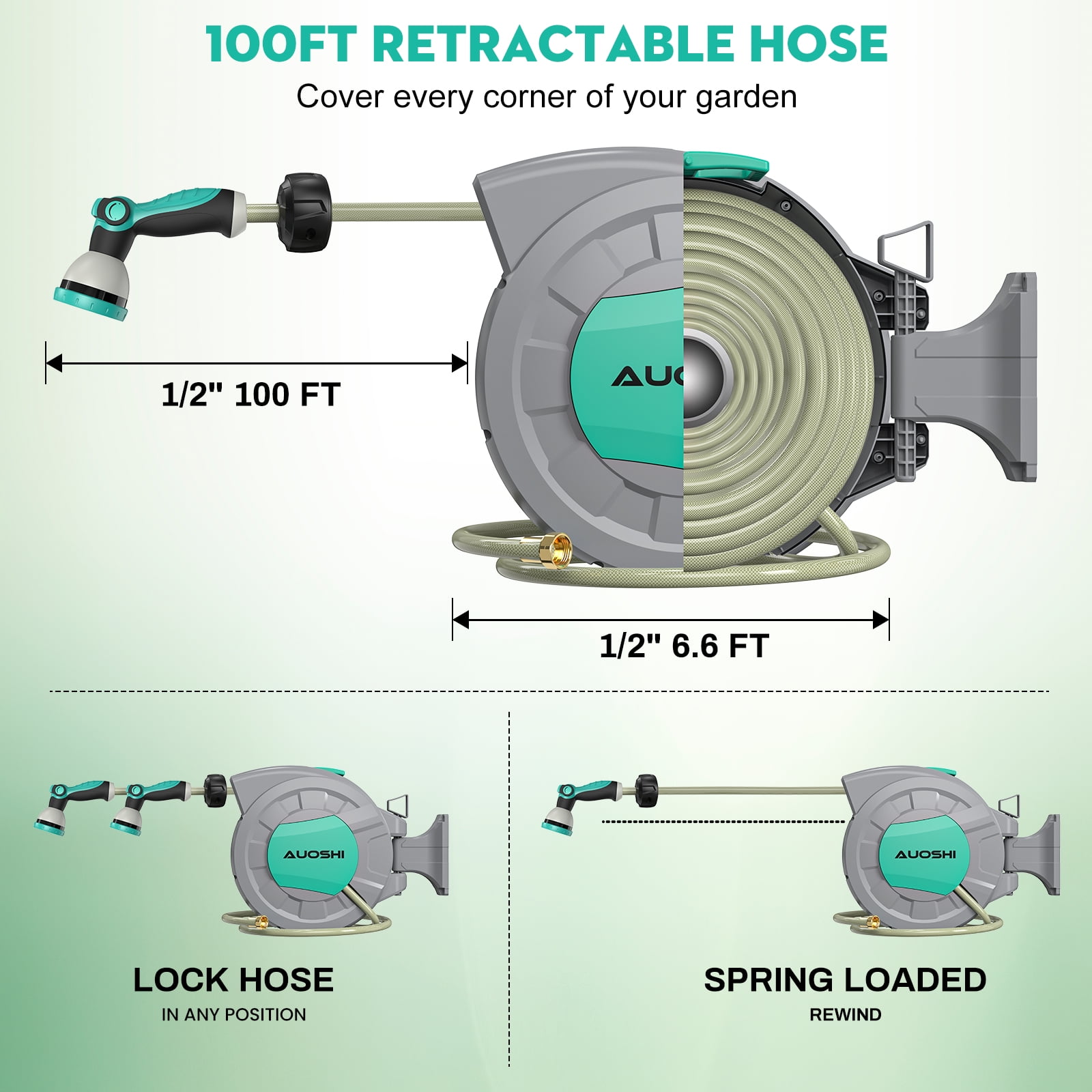 AUOSHI Retractable Garden Hose Reel 1/2 inch 100ft Automatic Hose Reel with 10 Function Sprayer Nozzle Wall Mount 180 Deg Swivel Bracket Hose Reel with Any Length Lock Slow Return System