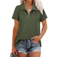 thumbnail image 1 of Camisas de color puro para mujer, blusa con cremallera y cuello en V, camisetas de manga corta con cuello en V hechas con cuidado, 1 of 6