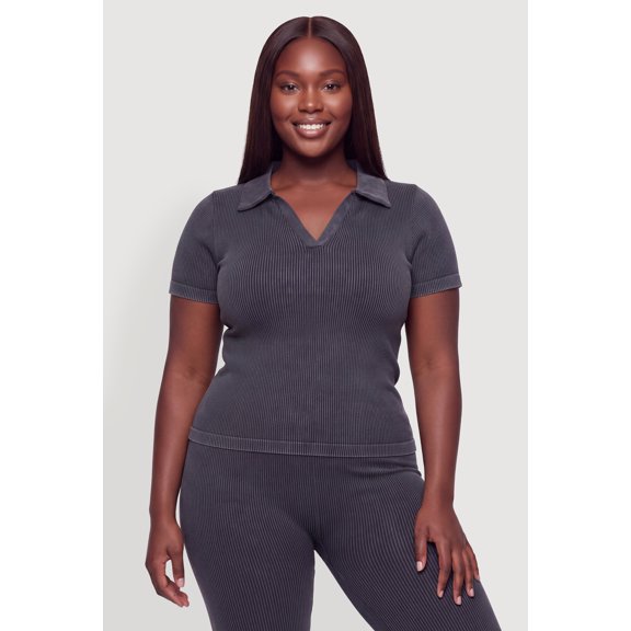 Women's Plus Size Compression Rib Johnny Collar Short Sleeve Top