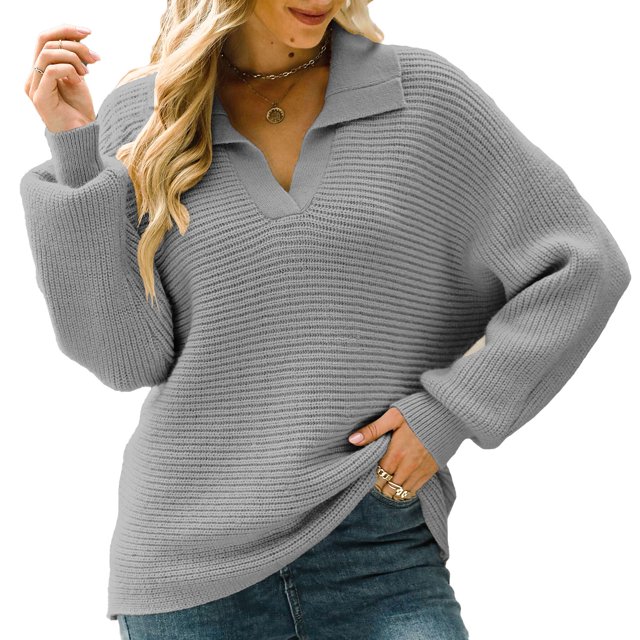 Suéter de punto con solapa para mujer con dobladillo suelto, jersey de manga larga con cuello en V para otoño e invierno, gris XL