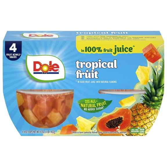 Dole Tropical Fruit in 100% Juice^ - Dole Fruit Bowls Snacks - 4 oz Fruit Bowls - 4 Pack