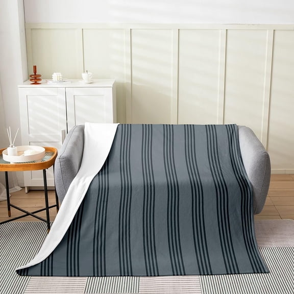 Grey Striped Sherpa Fleece Throw Blanket for Couch and Bed Soft Fuzzy Warm Reversible Blanket