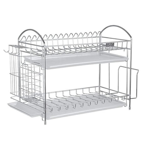 NEX 2-Tier Stainless Steel Dish Rack With Chopstick And Utensil Holder, Moveable S-Hooks, Cutting Board Holder, And Draining Tray