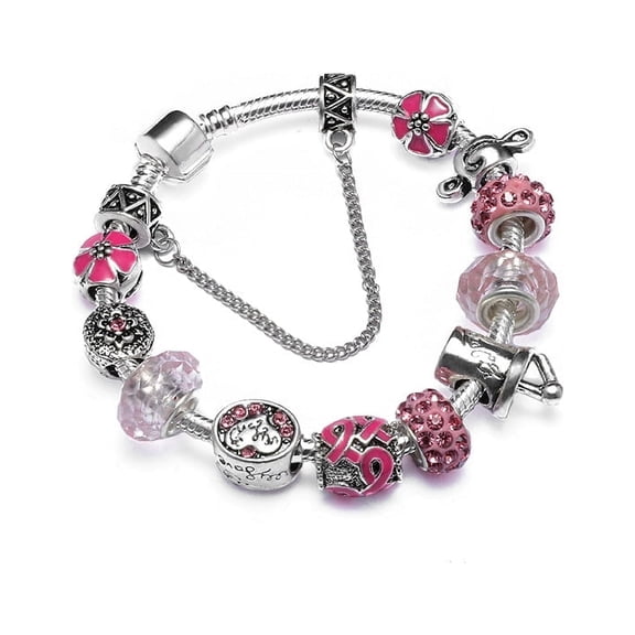 18K White Gold Plated with Pink Murano Charm Bracelet With crystals