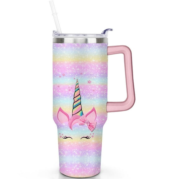 Vacuum Insulated Leak Proof 40oz Unicorn Tumbler with Handle Flip Straw Lid Unicorn Tumblers with Lids Straws Stainless Steel Travel Cup Gifts for Men Women