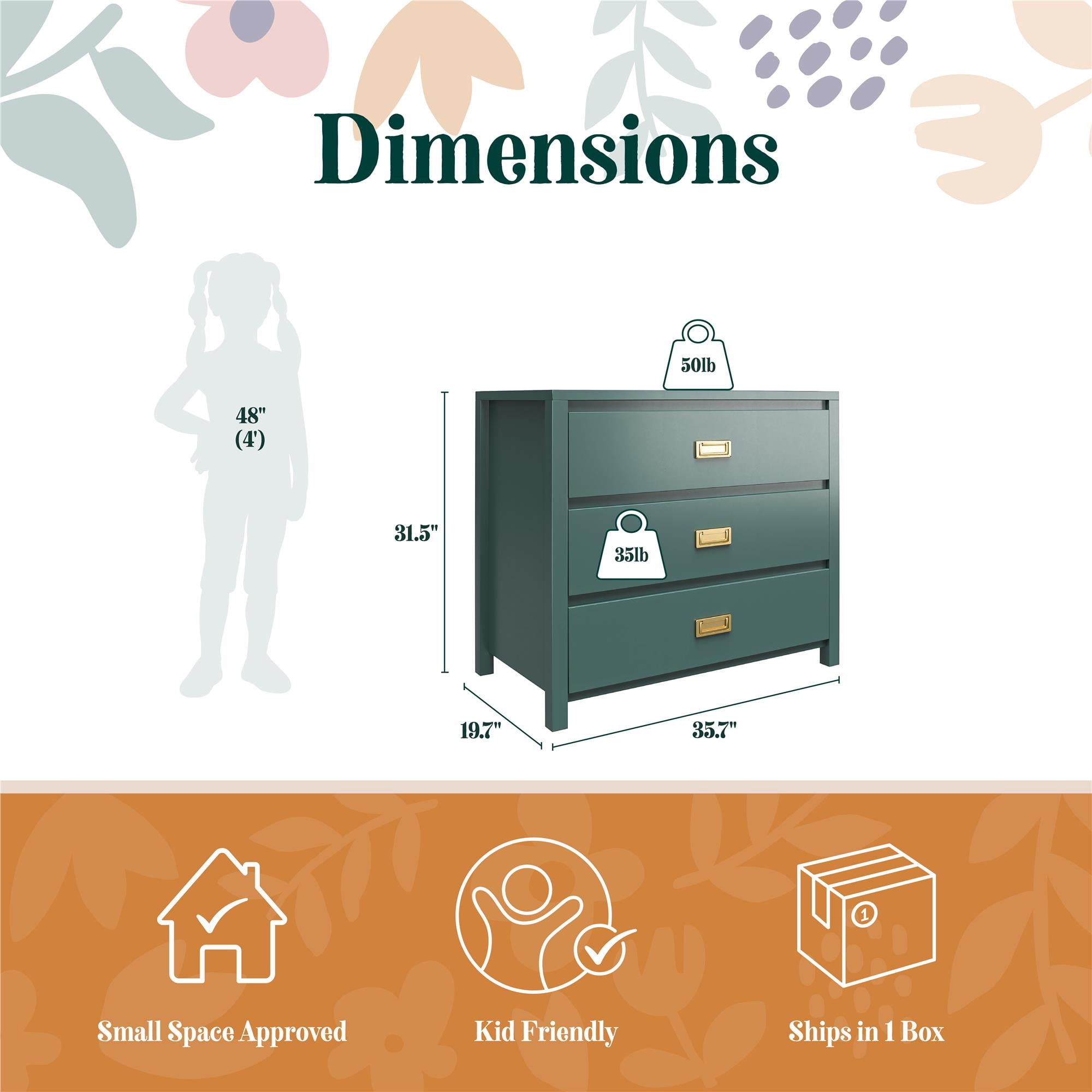 Max & Finn Haven 3-Drawer Kids' Dresser, Hunter Green