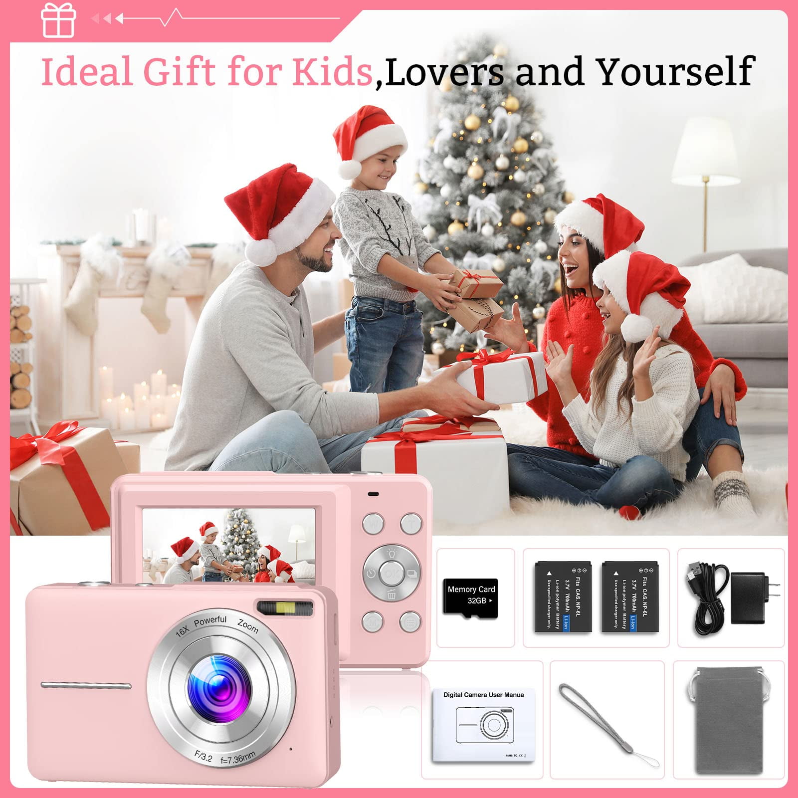 ACTITOP Digital Camera FHD1080P 44MP Vlogging Camera for Kids 2.4"LCD Screen Small Video Camera with 32G Card