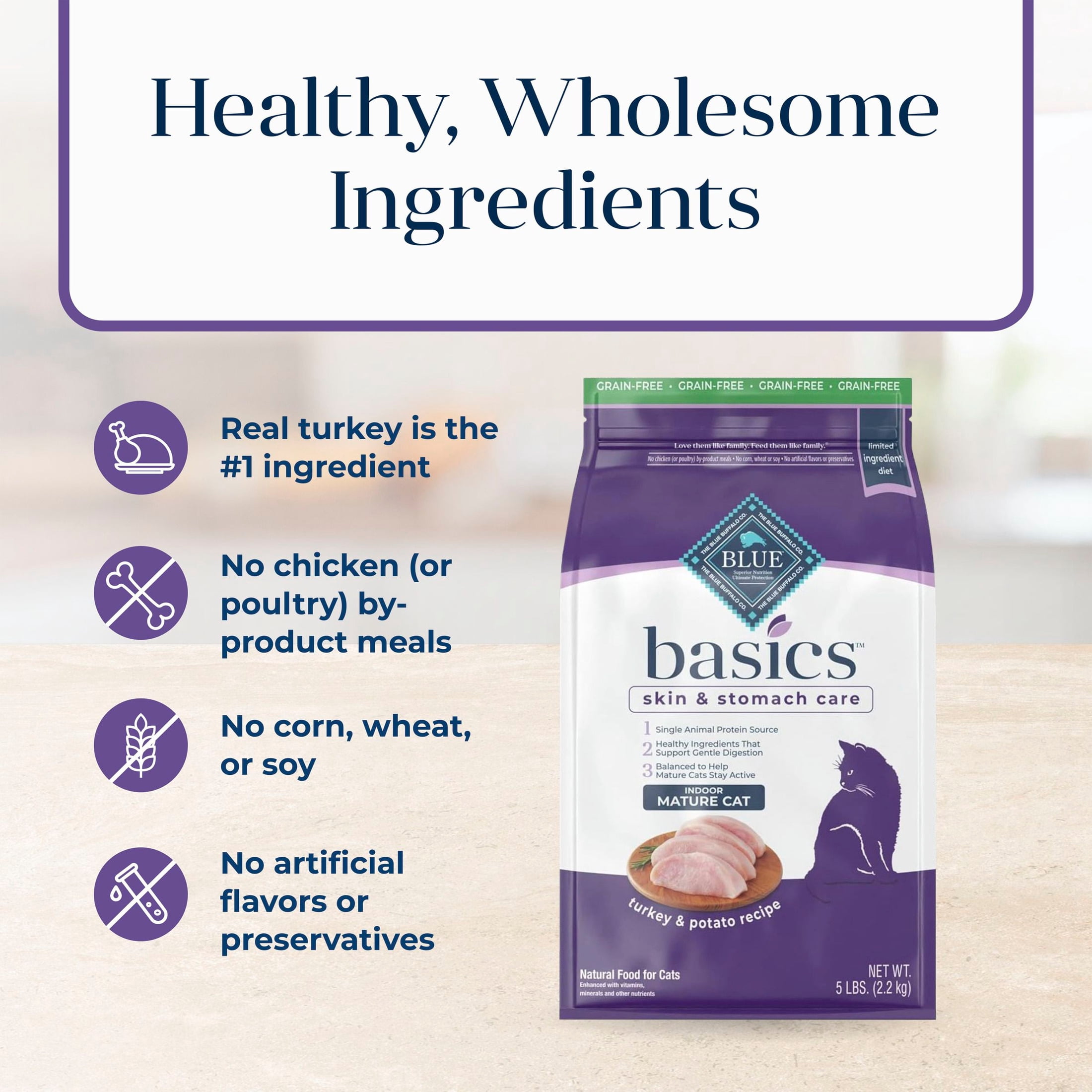 Blue Buffalo Basics Mature Dry Cat Food, Skin & Stomach Care, Turkey, Chicken Free, 5lb