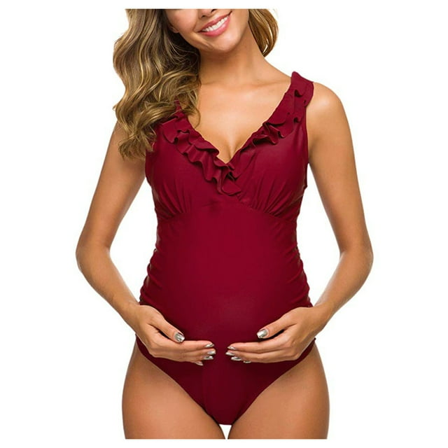 Maillots de Bain de Maternité une Pièce à Volants Monokini Décolleté en V Profond Rouge (3TG)