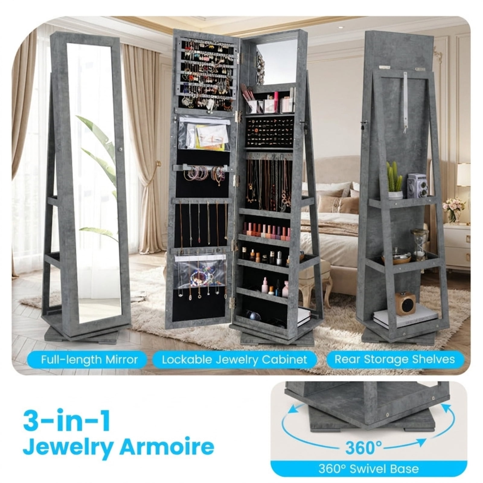 Furnibear 360° Rotatable 2-in-1 Lockable Jewelry Cabinet with Full-Length Mirror for Bedroom Dressing Room Jewelry Necklace Rings Storage, Green