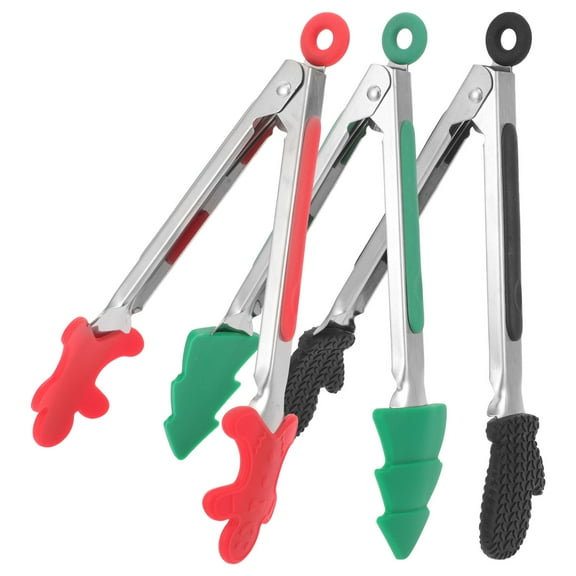 Mobestech Silicone Kitchen Tongs Stainless Steel Christmas Theme for Cooking 3Pcs