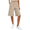 thumbnail image 4 of Womens Long Shorts with Slits Pockets Drawstring Elastic Waist Linen Knee Length Summer Casual Sweat Short (XL, Beige), 4 of 8