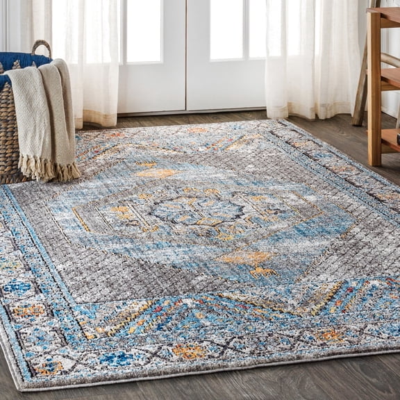 JONATHAN Y 5 x 8 Area Rug, Izmit Geometric Vintage Medallion - Gray/Mustard/Turquoise, RES100A-5