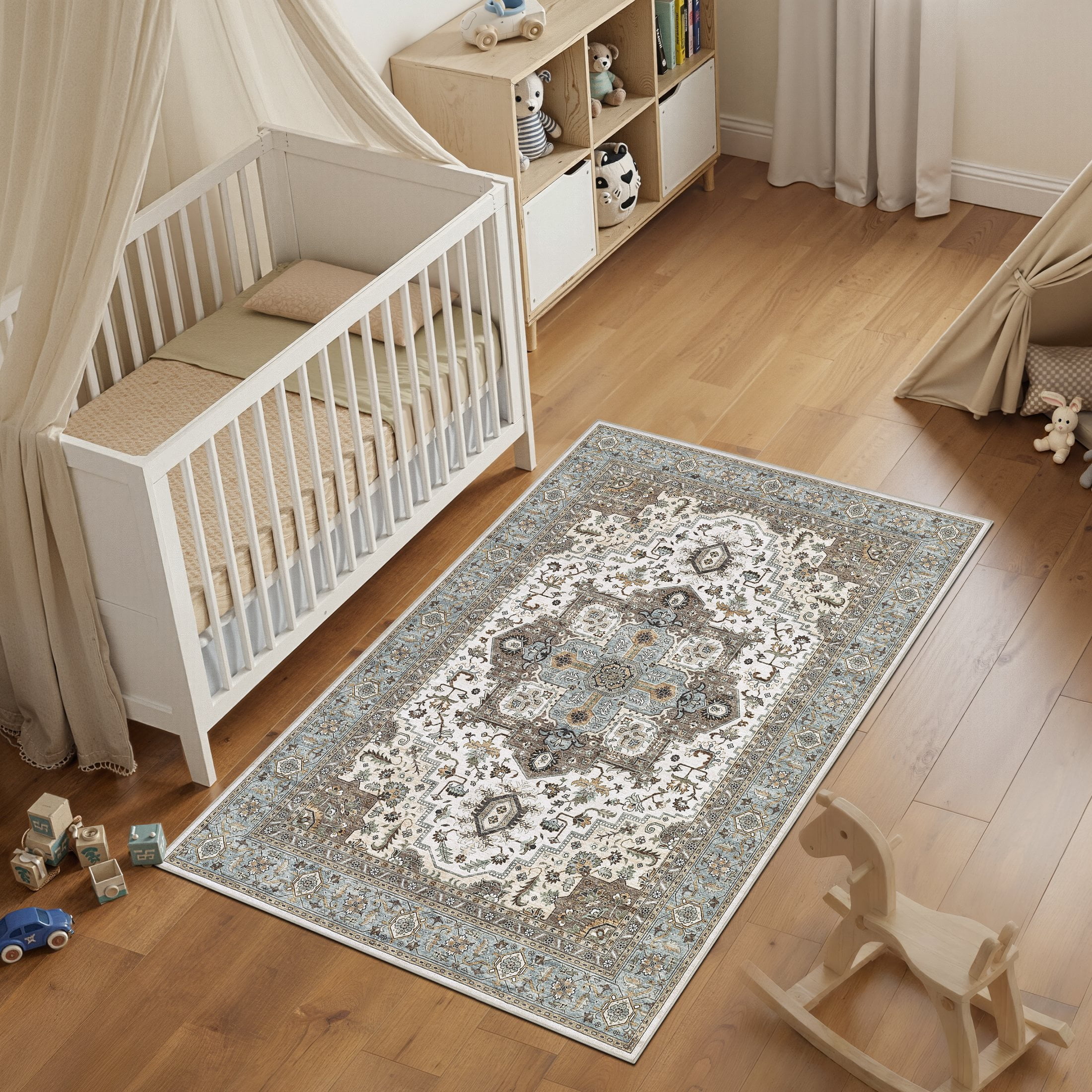 UERMEI 3'x5' Area Rugs, Non-slip Washable Vintage Throw Rugs Carpet for Entrance Entryway Bedroom Laundry Room, Low Pile Indoor Rug Floral Rug Home Decor Carpet, Blue Brown