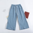 thumbnail image 4 of YUGYXL Women Cotton Side Split Capris Straight Leg Loose Fit Cropped Pants Cute Casual Summer Pants with Front Pockets Blue Pants XL, 4 of 5