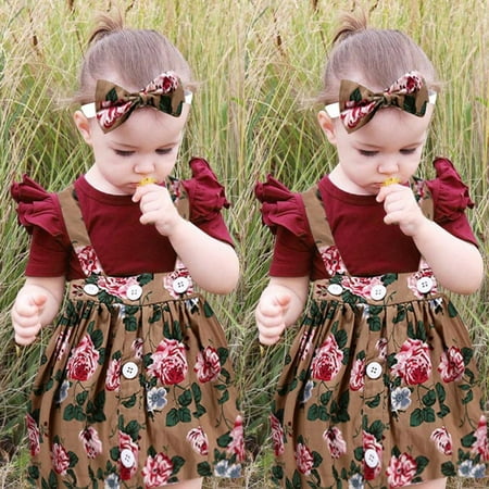 

QWERTYU Infant Baby Toddler Child Children Kids Clothing Set Summer Ruffle Short Sleeve Bodysuit and Floral Suspender Skirt Set Outfits with Headband for Girl 6M-2Y