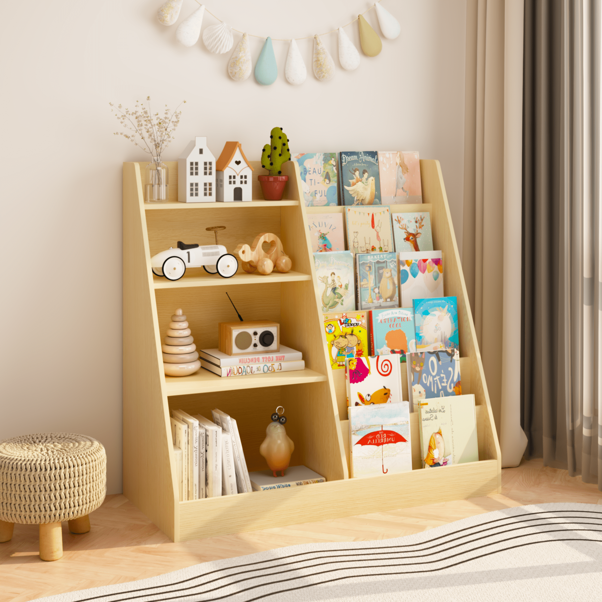 4 Tier Kids Bookshelf and Toy Storage Organizer,Multifunctional Wooden Kids Book Shelf with Bookcase Display Stand for Kids Room,Playroom,Natural