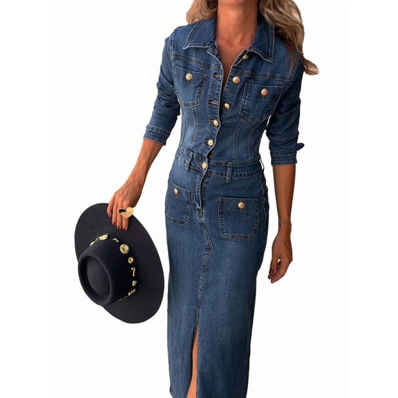 Denim Dress for Women Trendy Long Sleeve Button Down Denim Maxi Dress Bodycon Slit Long Jean Dresses S