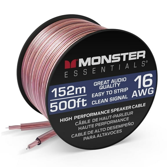 Monster Essentials High Performance Speaker Wire 16 Gauge Copper Clad Aluminum (CCA) Speaker Cable 500 FT Spool – Ideal Home Cinema Speaker Wire Cable and Car Audio Speaker Cables/Speaker Wires